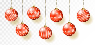 Kırmızı Noel topları hediye izole üzerinde şeffaf arka plan yay. Ayarlayın. Vektör çizim.