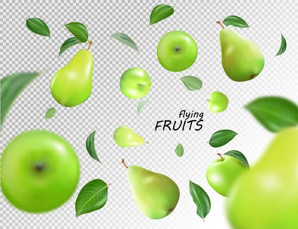 Vector Falling Green Apples Pears Isolated Transparent Background Fruit Whole — Stock Vector