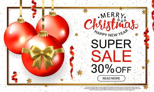 Christmas Sale Template Card Realistic Red Balls Handmade Lettering Vector — Stock Vector