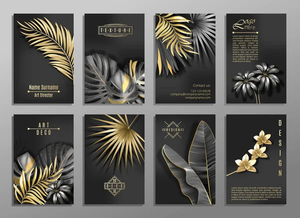 Векторное вертикальное приглашение 8 открыток с черно-золотыми листьями на темном фоне. Экзотический ботанический дизайн . — стоковый вектор