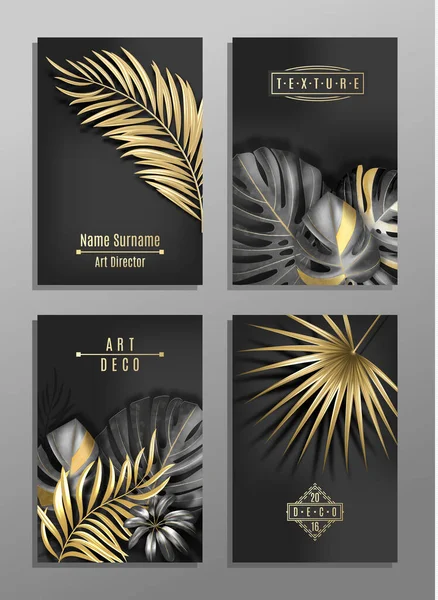 Set van 4 elegante brochure kaart, achtergrond, dekking. Zwarte en gouden marmeren textuur. Geometrische frame. Palm, exotische bladeren. — Stockvector