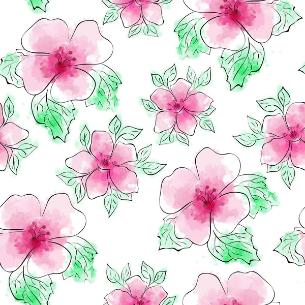 Flores flor isolado vetor desenhado com delicada linha de tinta preta e estilo aquarela rosa. Padrão sem costura — Vetor de Stock