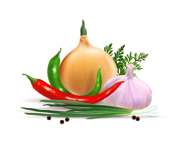 Garlic, pepper and onion vegetables with parsley spice isolated on white background. Photo-realistic vector, 3d — Stock Vector