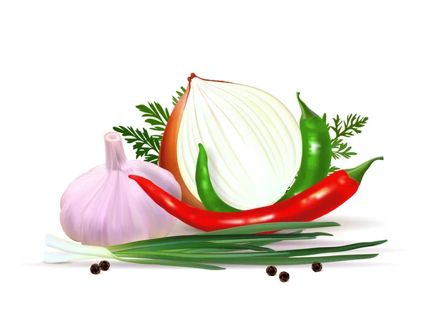 Sarımsak, biber ve maydanoz baharat ile soğan sebze beyaz arka plan izole. Fotoğraf-gerçekçi vektör, 3d — Stok Vektör