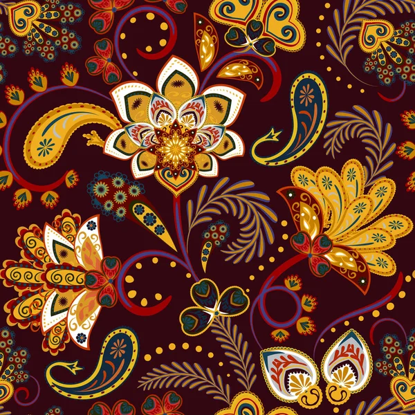 Naadloos patroon met fantasie bloemen, natuurlijk behang, bloemen decoratie krullen illustratie. Paisley print handgetekende elementen. Home decor. — Stockvector