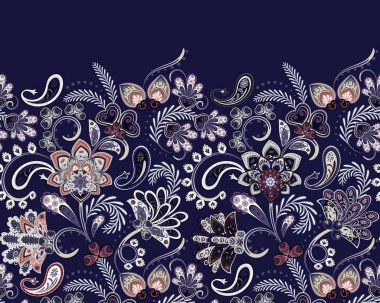 Hint çiçek Paisley patten kenarlık. Sorunsuz süsleme yazdırma. Etnik Mandala havlu. Kına stil vektör. Kartvizit arka plan boyama kitabı, zemin, tekstil, tebrik için kullanılabilir