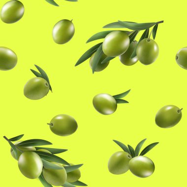Sarı üzerinde yeşil zeytin ile vektör dikişsiz desen. Zeytinyağı, doğal kozmetik için arka plan tasarımı. Ambalaj kağıdı için en iyisi.