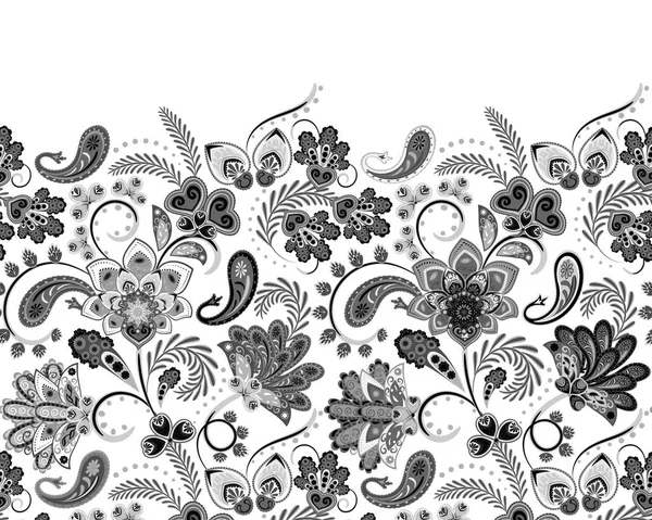 Пограничный индийский цветочный Пейсли Паттен. Бесшовный орнамент. Этническое полотенце Мандала. Векторный стиль Хенны. Может быть использован для поздравительной визитной карточки фон, раскраска книги, задник, текстиль — стоковый вектор