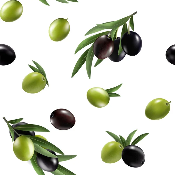 Vektornahtloses Muster mit reifen schwarzen und grünen Oliven auf weißem Grund. Hintergrunddesign für Olivenöl, Naturkosmetik. Am besten für Packpapier. — Stockvektor