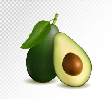 Avokado ve dilim şeffaf arka plan üzerinde izole. Fotoğraf-gerçekçi vektör illüstrasyon, 3d