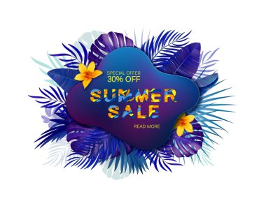 Yaz satış afiş şablonu. Tropik arka plan. Palmiye yaprakları ve çiçekleri ile yaz soyut geometrik arka plan. Mevsimlik tasarımınız için promosyon rozeti. Vektör çizimi.
