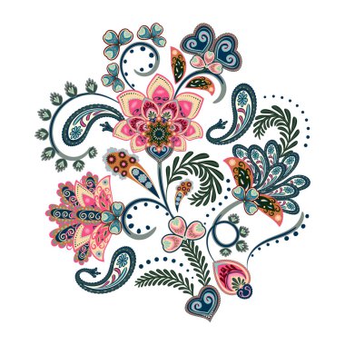Stok vektör soyut el çiçek, doodle buket çizmek. oryantal veya Arapça, rusya sanat arka plan. Kart, banner vb. için şablon.