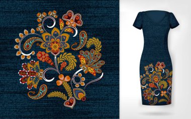 Baskılar için vektör moda nakış tasarımı. Rengarenk çiçekler ve yapraklar. Nakışlı çiçek deseni.