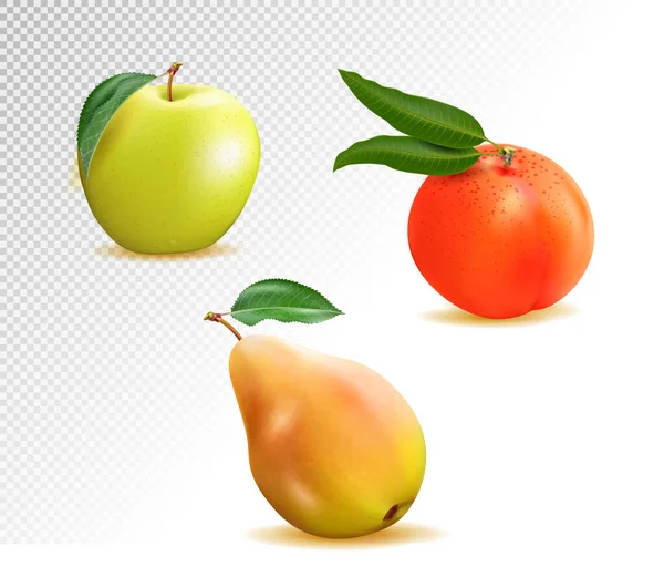 Conjunto vectorial de frutas realistas: appl, melocotón y pera. ilustración 3d — Archivo Imágenes Vectoriales