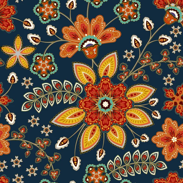 Άνθηση μοτίβο με πλακάκια. Λουλουδάτο ανατολίτικο εθνοτικό υπόβαθρο. Αραβικά στολίδι με φανταστικά λουλούδια και φύλλα. Χώρα των θαυμάτων κίνητρα των έργων ζωγραφικής από την αρχαία ινδική ύφασμα μοτίβα. — Διανυσματικό Αρχείο
