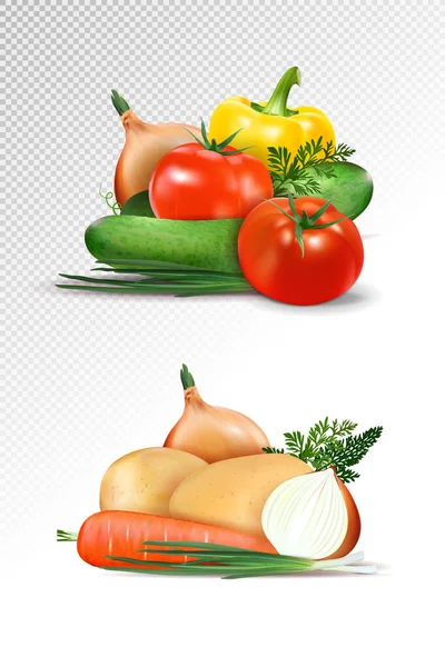 Vektor realistiska färska mogna grönsaker uppsättningar isolerade på transparent bakgrund, 3D-illustration, tomat, paprika, gurka, lök, morot, potatis. — Stock vektor