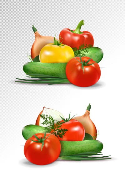 Vector realistische verse rijpe groenten sets geïsoleerd op transparante achtergrond, 3D illustratie, Tomaat, paprika, komkommer, ui, wortel, aardappel. — Stockvector