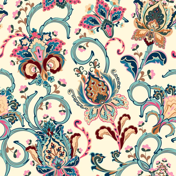 Fantasy flowers seamless paisley pattern. Ornamen bunga, untuk kain, tekstil, kartu, kertas bungkus, templat wallpaper. - Stok Vektor