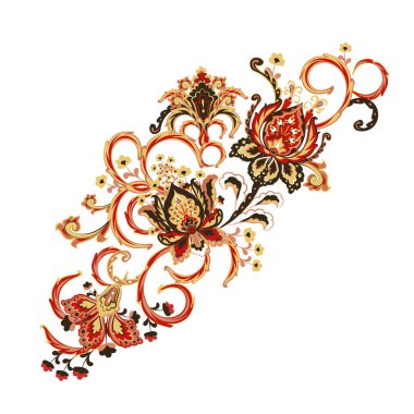 Parlak renklerde fantezi çiçekleriyle işlenmiş nakış dikişleri. Geleneksel doğu çiçek süslemeleri için beyaz arka planda vektör moda süsü. Vektör
