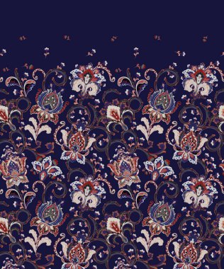 Mükemmel çiçekli, kusursuz dantel desenli. Geleneksel etnik süs. Vektör izi. Duvar kağıdı, şablon dolguları, tekstil tasarımı için kullanılır. Koyu mavi.