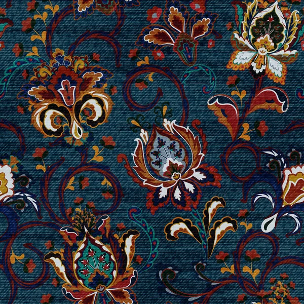 Vector Denim padrão sem costura floral. Jeans fundo com flores de fantasia. Azul jeans pano de fundo — Vetor de Stock