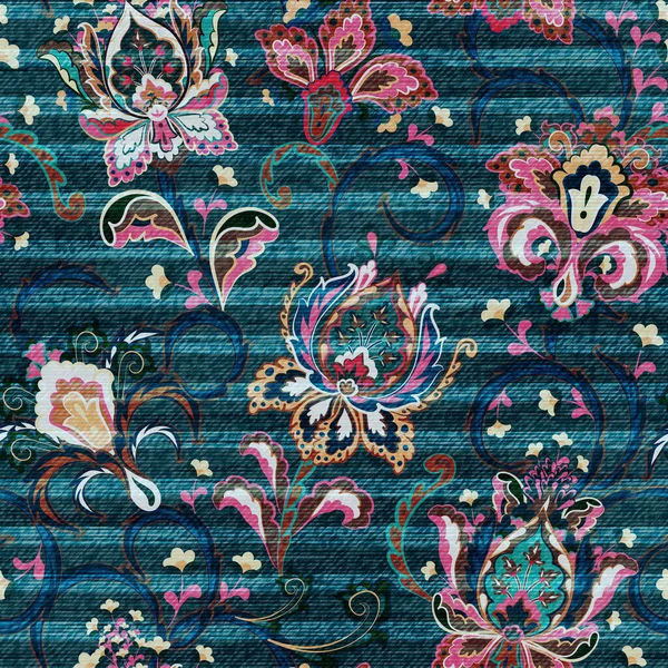 Vector Denim floral seamless 패턴. 환상의 꽃을 배경으로 한 것이다. 청바지 옷감 배경 — 스톡 벡터