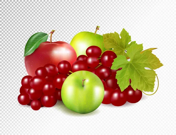 Raisins rouges, pommes vertes, pommes rouges isolées sur fond transparent. Vecteur réaliste de qualité, illustration 3D — Image vectorielle