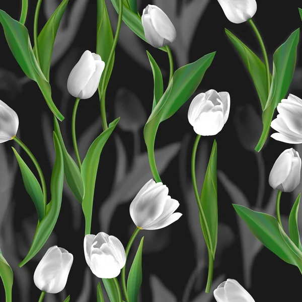 Bezproblémové pozadí květin. Květinové tulipány přes tmavě šedou. Květinový jarní vektorový vzor. — Stockový vektor