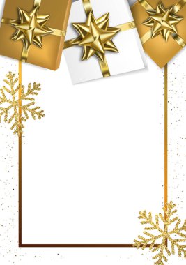 Fiyonklu ve hediye kutulu tatil çerçevesi. Vektör illüstrasyonu