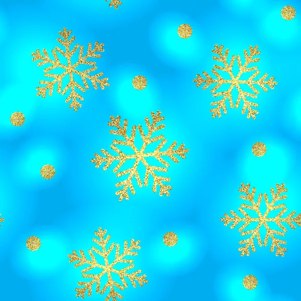 Gold glittering snowflakes seamless pattern on blue background. Vector — Stock Vector