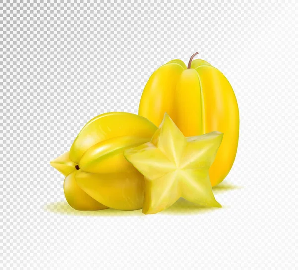 Karambolový hvězdný plod s plátkem na průhledném pozadí. Realistická vektorová ilustrace, 3d — Stockový vektor