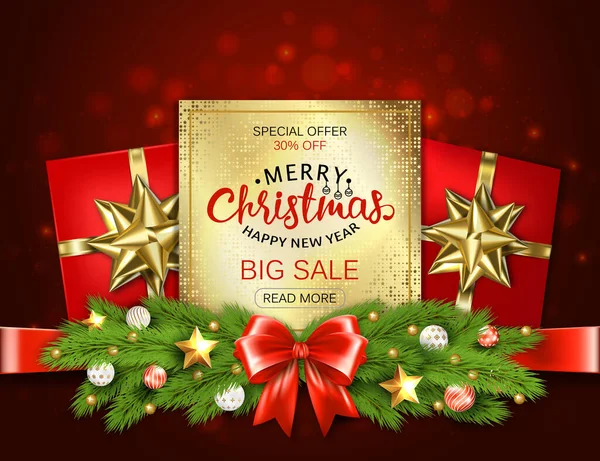 Merry Christmas sale banner with pine branches decorated, gold stars and bubbles on red background. Vector illustration template greeting cards with lettering. — Stock Vector
