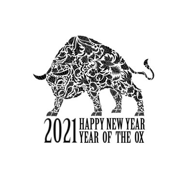Vector bull with an ornament. Symbol of the year 2021. Black and white clipart