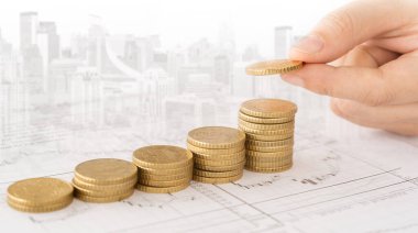 Şehir iş geçmişine sahip madeni paraların üstüne para koymak. Tasarruf, Finans ve Bankacılık, Yatırım Gayrimenkul Konsepti.