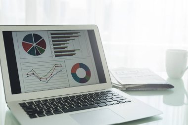 İş grafikleri ve çizelgeleri mali danışmanın masasındaki bilgisayar ekranında. Finansal soyut kavramlar.