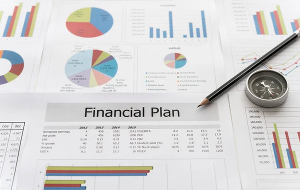 Financieel Plan Rapport Met Potlood Kompas Bureau Van Financieel Adviseur — Stockfoto