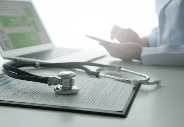 Healthcare Medicine Stethoscope Medical Document Doctor Working Medical Clinic Room — Stock Photo, Image