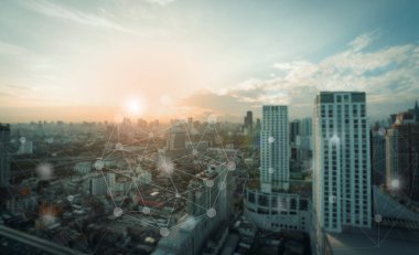 Ağ bağlantısı teknolojisi soyut kavramı. Bulanık şehir iş geçmişi ile noktaları birleştiren çokgen.