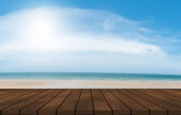 Oberseite Des Leeren Holztisches Mit Einer Zusammenfassung Von Strand Und — Stockfoto