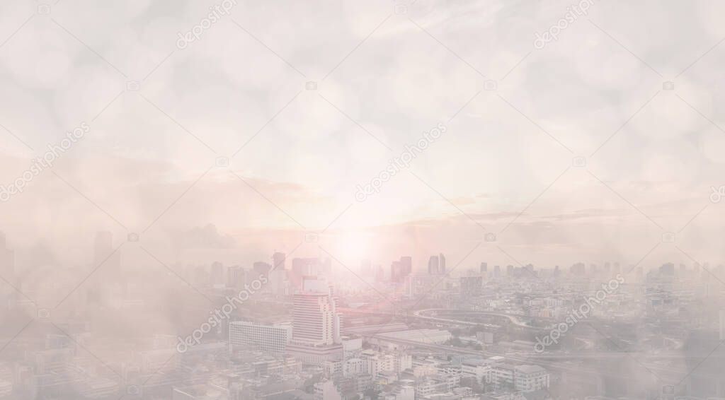 Abstract business background. Blurred city view with bokeh light evening sun.