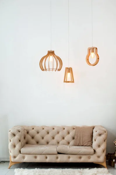 Modern Living Room Interior Beige Sofa Pendant Wooden Light Lamps — Stock Photo, Image