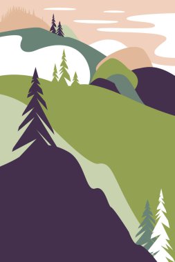 Dağlar ile manzara. Poster turizm doğal çevre, Milli Parklar, temiz çevre için. Vektör çizim.