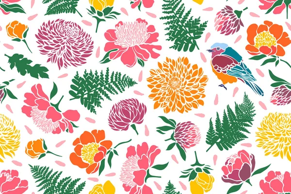 Seamless Pattern Birds Flowers Peony Chrysanthemum Clover Tulip Fern Vector — Stock Vector