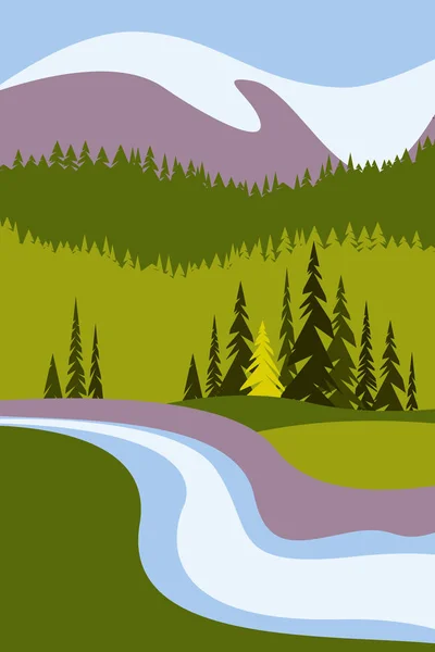 Пейзаж Горами Засніженими Вершинами Річкою Деревами Плакат Туризму Природним Середовищем — стоковий вектор