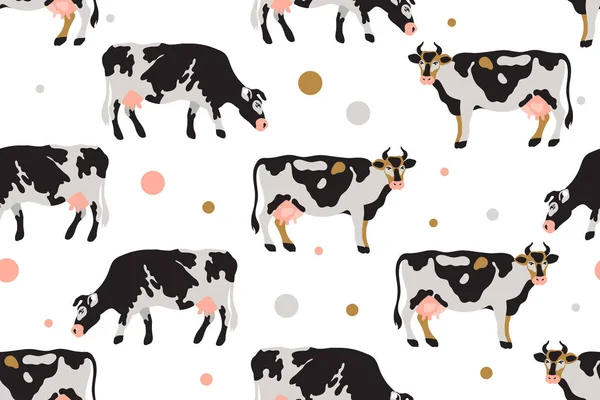 Seamless pattern with milk spotted cows in black, white, gray, gold and pink. Agriculture, farming, village life. Pet. Vector illustration.