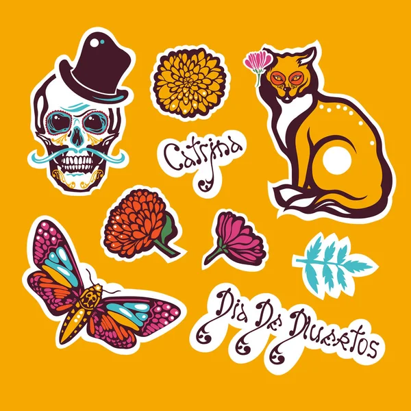 Mexikanska Day Dead Dia Los Muertos Klistermärke Med Mänsklig Skalle — Stock vektor
