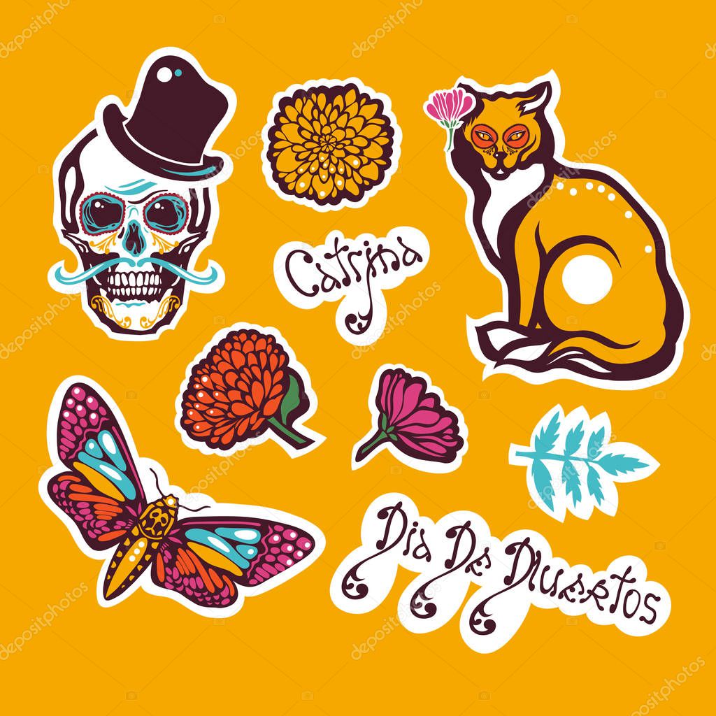 Mexican Day of the Dead. Dia De Los Muertos. Sticker with a human skull in a hat, a cat, a moth Hyles, flowers, marigolds, lettering. Vector illustration.