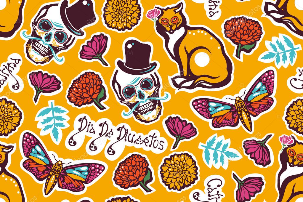 Mexican Day of the Dead. Dia De Los Muertos. Seamless pattern with a human skull in a hat, a cat, a moth Hyles, flowers, marigolds, lettering. Vector illustration.