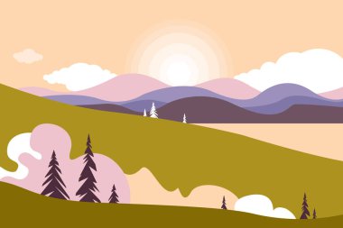 Bir göl ile dağ manzarası. Gökyüzü bulutlu. Yaz doğa. Seyahat, açık hava etkinlikleri, açık spor, tatil. Düz stil. Vektör çizim.