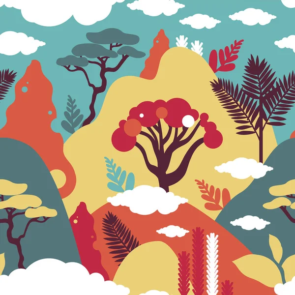 Seamless modeli. Tropik bitkiler ve ağaçlar, avuç içi, succulents, dağ dağlık yatay. İskandinav tarzı. Çevrenin korunması, ekoloji. Park, dış uzay, açık. Vektör çizim.